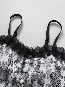 女士夏季性感撞色蕾丝仿珍珠装饰荷叶边吊带背心 - 黑色 - 查看 4