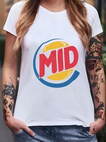 100% Cotton T-Shirt With Fun "MID" Retro Logo Print, Casual Short Sleeve T-Shirt For Women, Streetwear, Urban Style, And Playwear, Soft Breathable Top For Daily Wear And Outings, Plus Size Available - 白色 - 查看 7