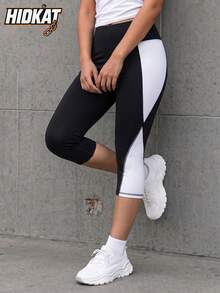 Hidkat Women's Solid Color Black & White Contrast High Waist Tight Fit Athletic Knit Leggings Sports - Black and White - View 4