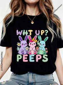 Happy Easter Bunny T-Shirt. Women's Summer Black Short Sleeve T-Shirt, Casual And Breathable Easter T-Shirt. Classic Black Crew Neck Easter T-Shirt For Women. Perfect As A Gift. Suitable For Home/Outdoors/Travel. - 黑色 1 - 查看 1