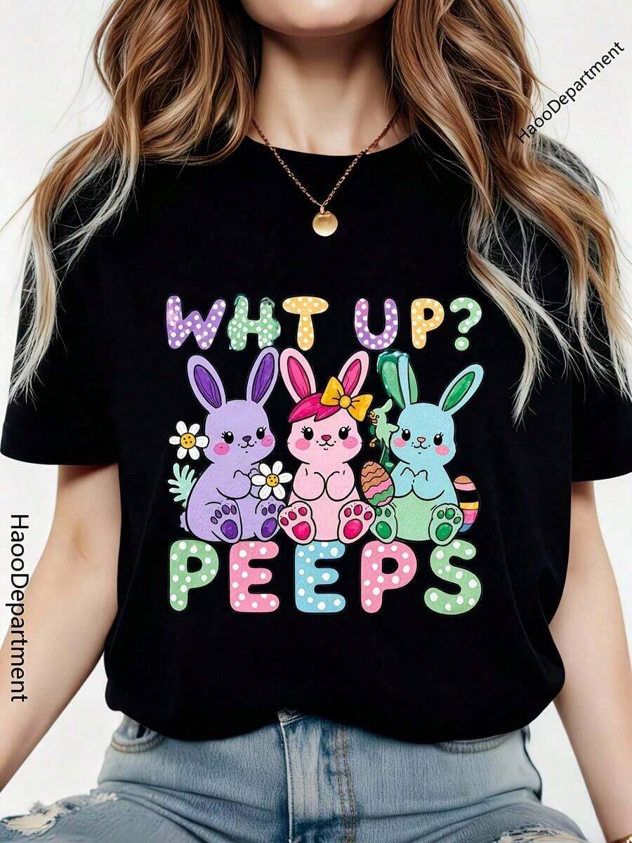 Happy Easter Bunny T-Shirt. Women's Summer Black Short Sleeve T-Shirt, Casual And Breathable Easter T-Shirt. Classic Black Crew Neck Easter T-Shirt For Women. Perfect As A Gift. Suitable For Home/Outdoors/Travel. - 黑色 1 - 查看 1