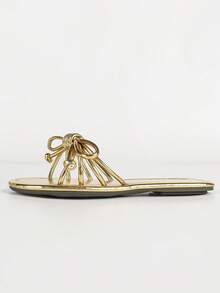 French Elegant Bowknot Open Toe Flat Sandals - Gold - View 3