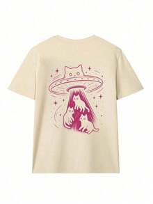 Camiseta de manga corta para mujer, holgada, de cuello redondo, con estampados de gatos de dibujos animados y motivos de ciencia ficción, adecuada para vacaciones, oficina, salidas, uso diario, citas, fiestas, reuniones, ropa urbana, festivales de música, fiestas informales y otras ocasiones. 100% Algodón. - Albaricoque - Ver 4