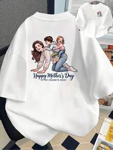 New 180g Short-Sleeved T-Shirt, 1% Cotton, With Front And Back Prints - Mother's Day, Parent-Child Interaction - Fashionable Printed T-Shirt For Women, Short-Sleeved, For All Seasons, Modern Clothing - Suitable For Layering In Spring And Autumn Or As A Standalone Garment In Summer, Unisex. - 白色 - 查看 1