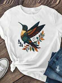 Women's Soft Dark Gray T-Shirt With Hummingbird Graphic And Tropical Leaf Print - Teal, Orange, Green, And Gold, Casual Short Sleeve Crew Neck Top | 180GSM All Seasons | Everyday Streetwear, Spring, Summer, And Autumn Outfits |  Bird Design T-Shirt For Women - 白色 - 查看 1