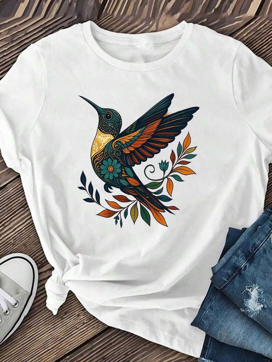 Women's Soft Dark Gray T-Shirt With Hummingbird Graphic And Tropical Leaf Print - Teal, Orange, Green, And Gold, Casual Short Sleeve Crew Neck Top | 180GSM All Seasons | Everyday Streetwear, Spring, Summer, And Autumn Outfits | Bird Design T-Shirt For Women - 白色 - 查看 1