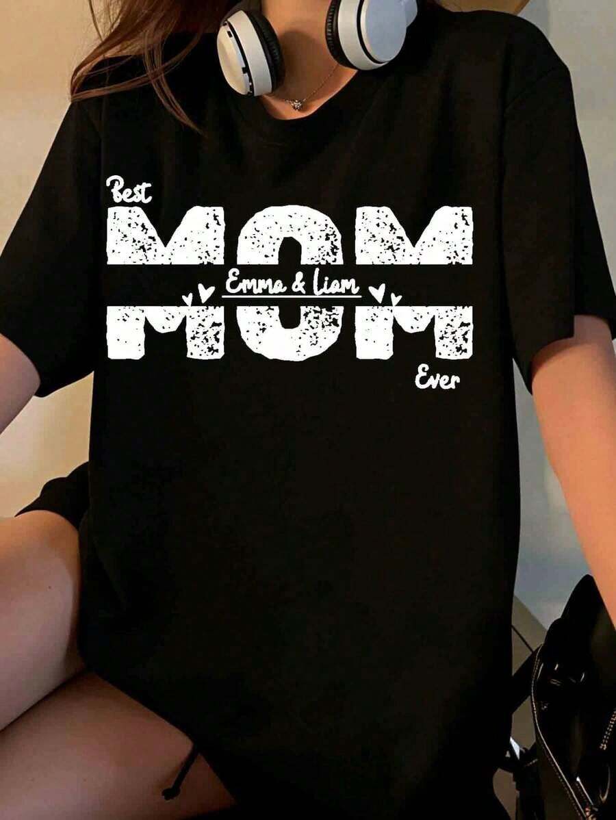 Camiseta Personalizada "La Mejor Mamá del Mundo" para Madre con Nombres de Niños Emma y Liam, Regalo Personalizado para el Día de la Madre, Ropa Casual para Mujer [Adecuada para Ocasiones de Ocio y Deportivas] Playera Holgada para Mujer - Negro - Ver 1