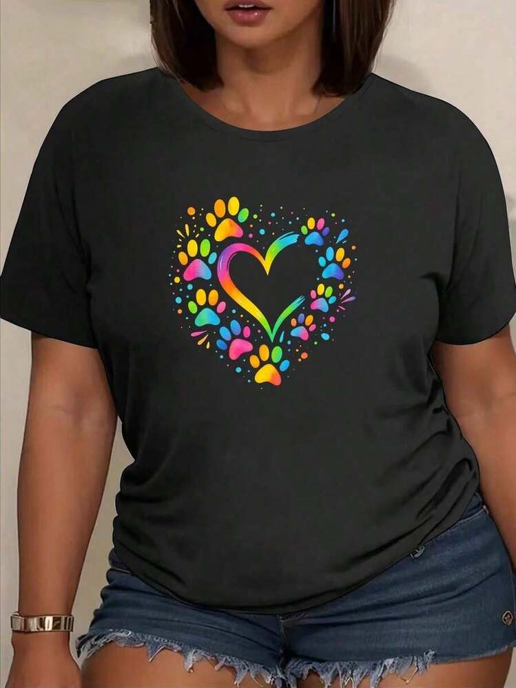 Camiseta de manga corta para mujer con estampado de "Corazón Colorido con Huella de Mascota", hecha de fibra de poliéster suave y transpirable con elasticidad moderada, lavable a máquina. Adecuado para uso diario y en el hogar. Ropa de Mujer, Top Versátil para Uso Diario, Un Top Imprescindible para la Primavera y de Manga Corta, Camisetas de Mujer, Camiseta con Estampado, Camisetas con Estampado para Mujer, Camiseta de Verano, Camiseta Casual, Camisas de Verano, Tops, Conjuntos de Verano para Mujer, Camiseta Casual de Manga Corta con Cuello Redondo Cómoda, blusas elegantes dama - Negro - Añade 1