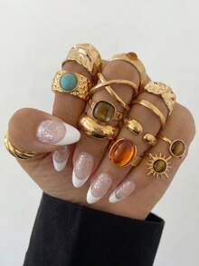 14pcs Vintage Exaggerated Metal Geometric Waterdrop & Cat Eye Stone Ring Set, Asymmetrical Twisted Rings Suitable For Women Daily, Festivals, Celebrations, Gifts - Gold - View 3