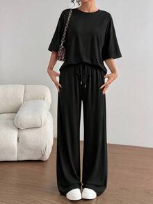 PRETTYGARDEN Women's Summer Clothes 2 Piece Sets Lounge For Short Sleeve Matching Airport Travel Outfits Casual Black Vacation Summer Brunch Black Outfits For Women Mothers Day Outfit - 黑色 - 查看 1