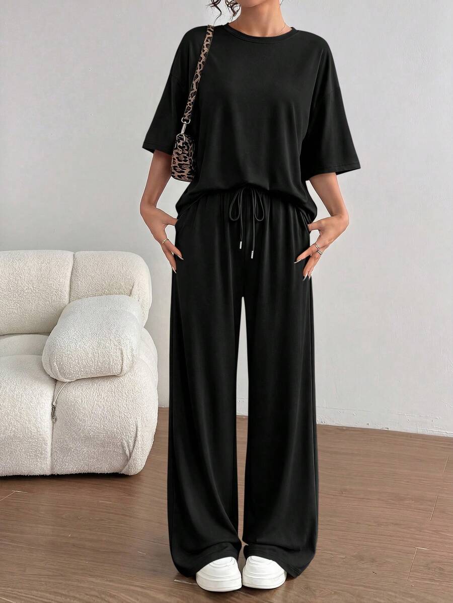 PRETTYGARDEN Women's Summer Clothes 2 Piece Sets Lounge For Short Sleeve Matching Airport Travel Outfits Casual Black Vacation Summer Brunch Black Outfits For Women Mothers Day Outfit - 黑色 - 查看 1