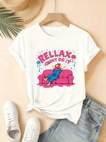Women's Casual T-Shirt. Printed T-Shirt With Summer Pajama Motifs, Casual T-Shirt With The Eye-Catching Text "Don't Do That," Cartoon Blue Pajama Design With A Red Mask And Pink Sofa. Lightweight Crew Neck T-Shirt For Everyday Casual Wear, Suitable For The Beach And Daily Use, Perfectly Matching The Summer Atmosphere And Casual Vacation Style. A Must-Have For Everyday Casual Wear. - 白色 - 查看 7
