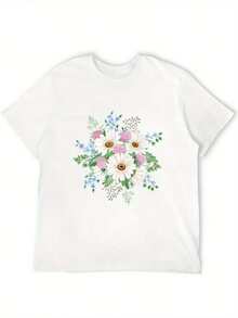 Women's Cotton T-Shirt, Round Neck, Loose Fit, Casual, With Bohemian Floral Print, Short Sleeve - Soft Light Blue, Pink, White, Brown, Beige, Suitable For Layering In Spring And Summer, Comfortable Machine Washable T-Shirt, Sweater With Geometric Pattern, Suitable For Home And Outdoor Use, Loose Women's Clothing For All Seasons, Women's T-Shirt, Women's Long Sleeve T-Shirt. - 白色 - 查看 5