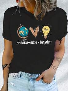 Casual Short-Sleeved Round Neck T-Shirt With Print, Suitable For Summer And Autumn, Women's Clothing - Unisex Loose-Fitting Cotton Short-Sleeved Round Neck T-Shirt In Urban Vintage Style. - 黑色 - 查看 6