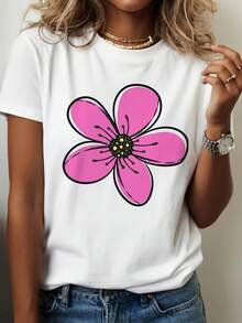 Women's Summer T-Shirt With Cartoon Pink Floral Print, Short Sleeve, Round Neck, Casual Style, Summer Clothes For Women - Urban Vintage Style, Unisex, Loose Fit Cotton Short Sleeve Round Neck T-Shirt - 白色 - 查看 7