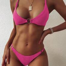 Women's Two-Piece Swimsuit, Sexy Solid Color Bikini - 淺紅 - 查看 2