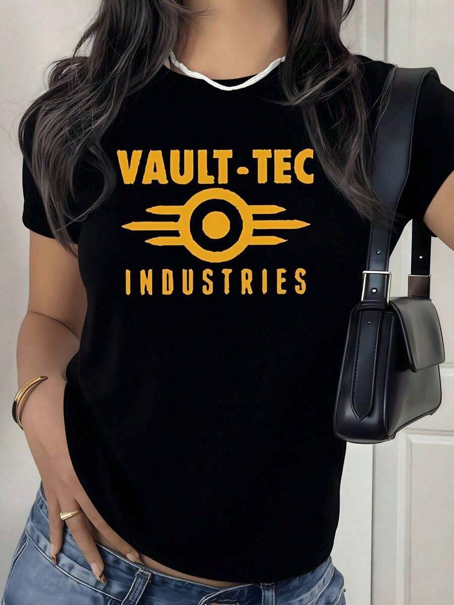 100% Cotton. Golden Circular Symbol With Wings Representing Technology And Futuristic Progress, Inspiring Strength And Optimism. Women's T-Shirt, 100% Soft And Durable Cotton. Women's Simple Solid Color T-Shirt, Loose And Slim Fit Casual Short Sleeve - 黑色 - 查看 1