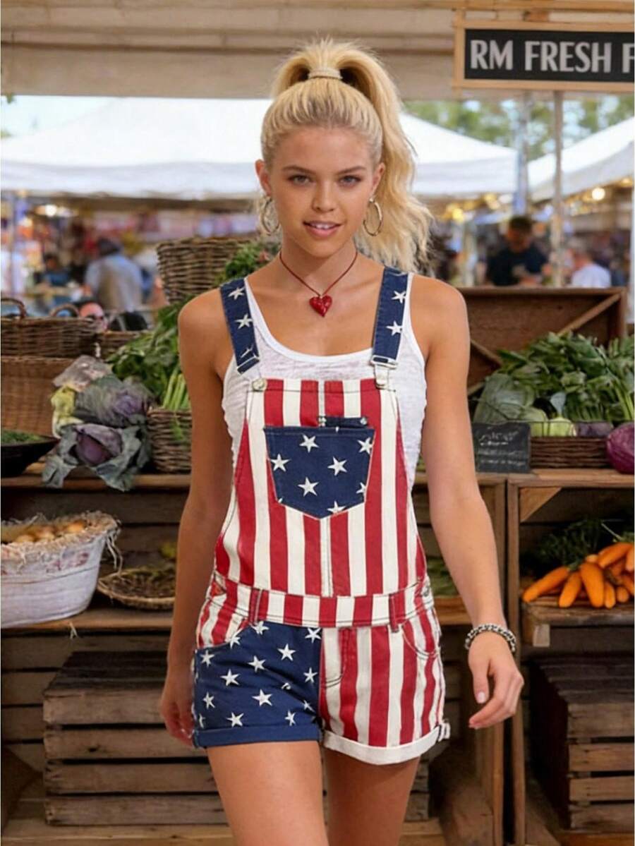 Women Summer Denim Overalls, Adults Color Block Stripe  Star Print Suspender Shorts with Pockets - Rojo - Ver 1