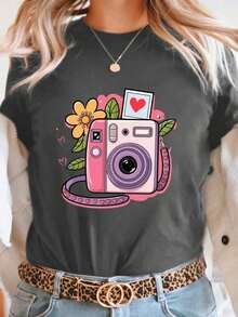 100% Cotton 1 Piece Women's Short Sleeve T-Shirt With Camera And Heart Print - Casual Round Neck Top For Summer And Spring, Medium Stretch Blouse For Photoshoots And Casual Wear - Machine Washable, Instant Camera Set G 100% Soft Cotton Women's Simple Solid Color T-Shirt, Loose And Slim Fit Casual Short Sleeve - 白色的 - 查看 7