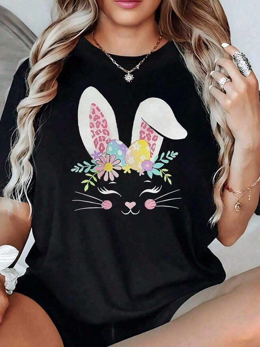Happy Easter Gift! Lightweight Cheerful Bunny With Pink Ears And A Flower Crown Symbolizing Tenderness And Positive Energy For Every Day. Women's T-Shirt, 100% Soft And Comfortable Cotton, Ideal For Looking Cheerful. Wishing You Peace, Love And Joy. - 黑色 - 查看 1