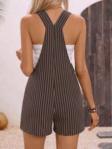 Linen Blend Women's Solid Color Dual Pocket Twist Knot Romper - Marrón 2 - Ver 2