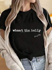 100% Cotton. One-Piece T-Shirt For Women And Men With A Round Neck And Short Sleeves. Black "What The Helly" T-Shirt For Women, Casual, Fun, Graphic Print, By Rising. The Fun Prints Are Suitable For Christmas Parties, Sports Activities, Holiday Parties, Outings, Sports, And Other Christmas Gifts. 100% Cotton. Women's Simple Solid Color T-Shirt, Loose And Slim Fit Casual Short Sleeve - 白色的 - 查看 6