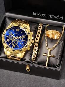 4 Pieces/Set Gold High-End Men's Fashion Watch Set, Classic Simple Design, Large Dial, Birthday Gift, Ideal Gift, Suitable For Daily Wear - Gold - View 10