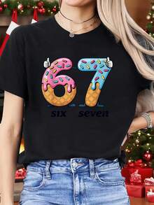 1 Women's Spring T-Shirt - Fun Donut Print Number 67, Ideal For Sports, Fitness, Running, Stylish, Unique And Interesting. Comfortable, Soft And Breathable Sports T-Shirt, Short Sleeve For Christmas Parties, Christmas T-Shirt - 黑色 - 查看 1