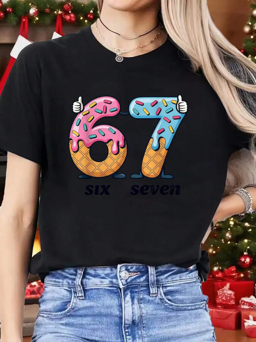 1 Women's Spring T-Shirt - Fun Donut Print Number 67, Ideal For Sports, Fitness, Running, Stylish, Unique And Interesting. Comfortable, Soft And Breathable Sports T-Shirt, Short Sleeve For Christmas Parties, Christmas T-Shirt - 黑色 - 查看 1