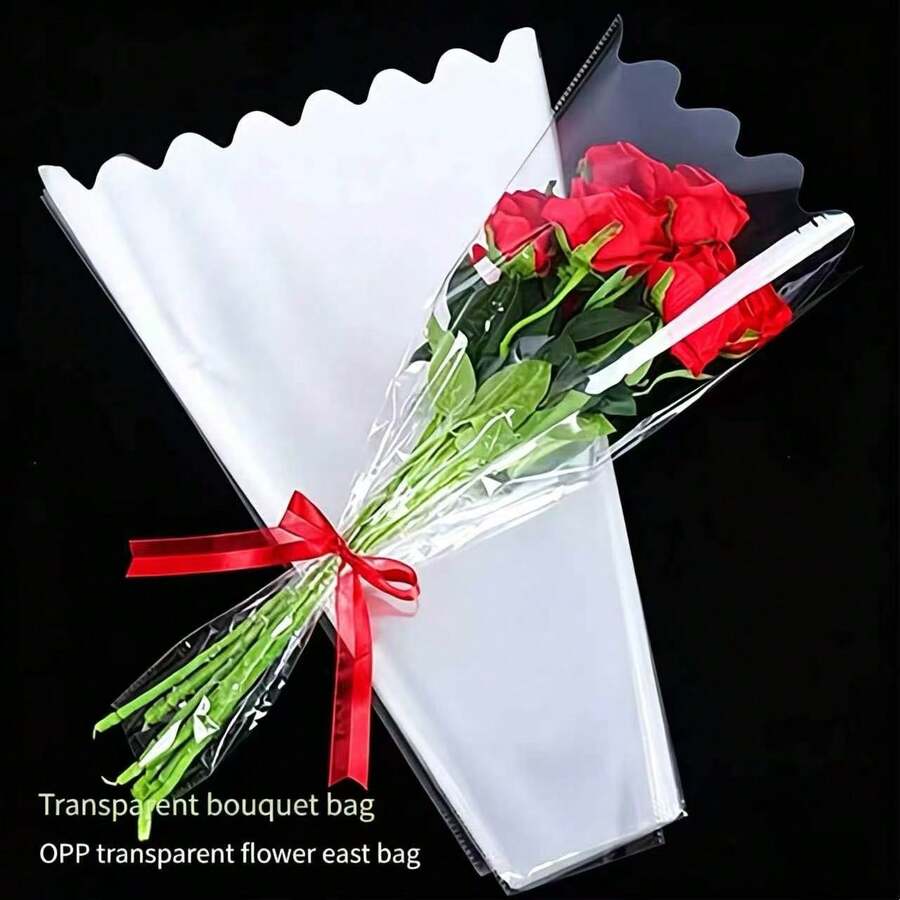 20pcs Transparent OPP Wavy Edge Flower Bouquet Packaging Bags, One-Time Waterproof Fresh Flower Sleeves For Roses, Sunflowers, Tulips, Lilies, Carnations, Universal Flower Bouquet Packaging Materials, High Transparency Anti-Dust Anti-Pollution Flower Bags, Suitable For Holidays, Valentine's Day, Mother's Day, Teacher's Day, Thanksgiving, Christmas - 3.94 Inches * 19.69 Inches (H) * 13.78 Inches - View 1