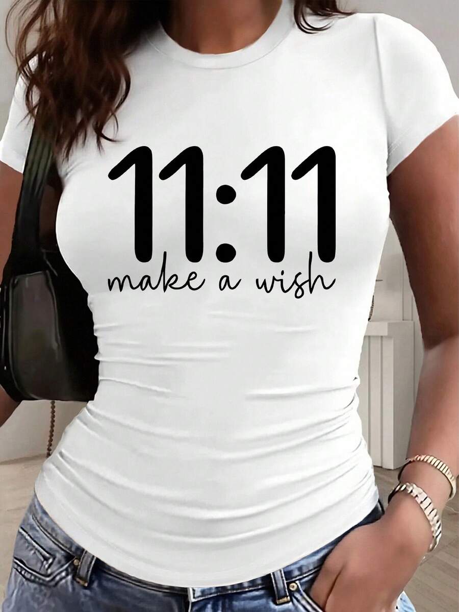 Artistic 11:11 Letter Print - Y2K Style - Women's Slim Fit Solid Color Crew Neck Short Sleeve T-Shirt, Casual And Sporty Style, With Gathered Waist Detail, Suitable For All Seasons. - 白色 - 查看 1