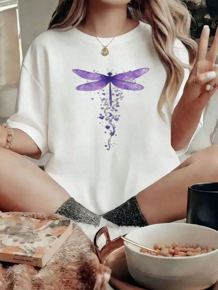 PremiumFashion Oversized White T-Shirt With Purple Dragonfly And Water Drop Patterns | Comfortable And Casual Women's T-Shirt, Perfect For Everyday Wear And Casual Outfits, Ideal For Summer And Spring, Regular Fit, Crew Neck. Gift Idea. - 白色 - 查看 1