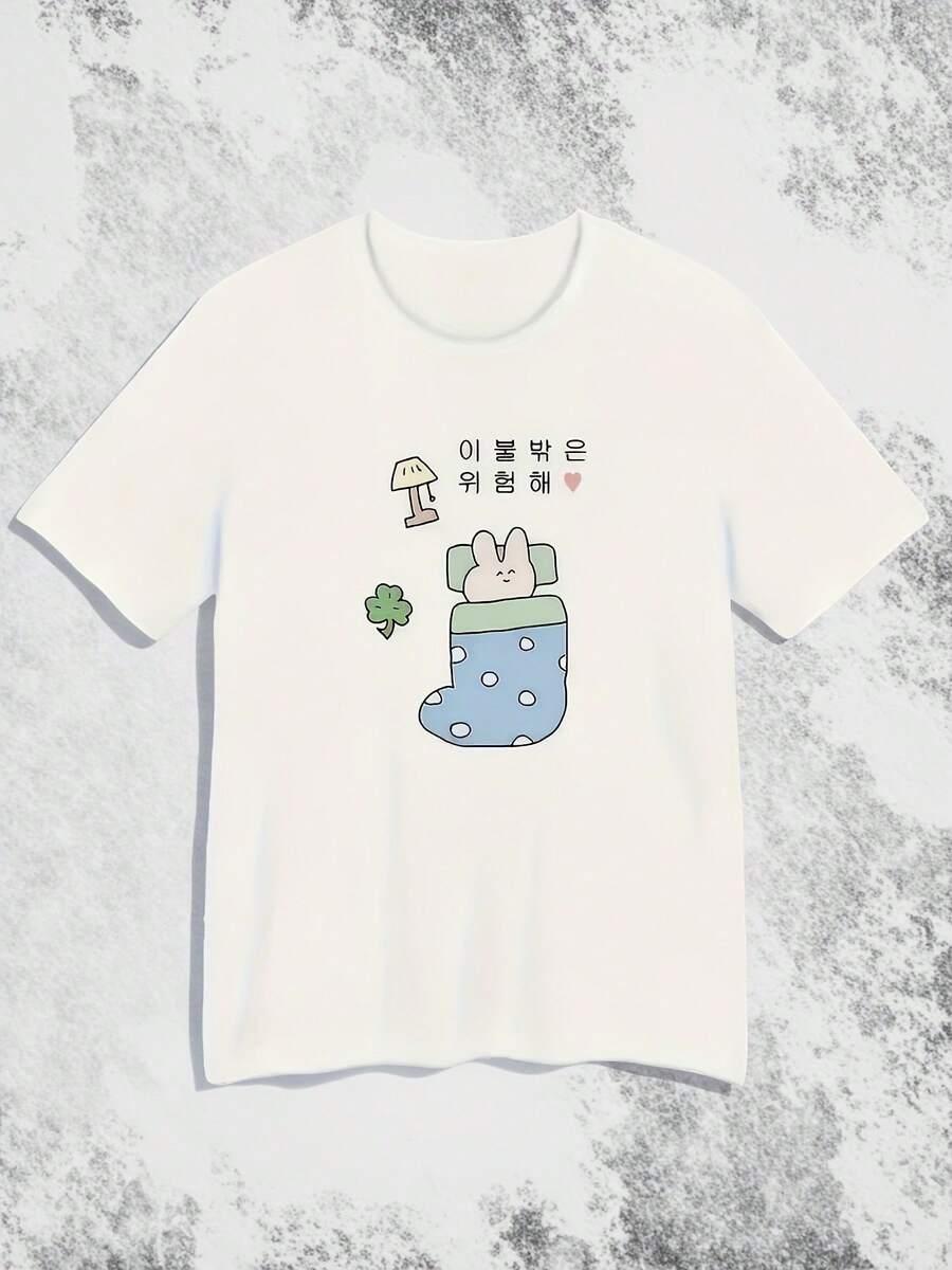 Women's White Rabbit Print T-Shirt - Soft And Breathable For Pajamas And Daywear, Sleeping Bunny Design, Crew Neck And Short Sleeves, Machine Washable For Home, Lounge And Casual Looks - 白色 - 查看 1