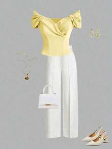 Blusa corta elegante de estilo francés con diseño plisado, cintura ceñida, efecto estilizante, de moda, de alta gama, refinada, para verano - Amarillo - Ver 3