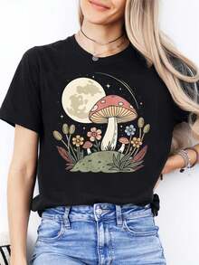 Plus Size - Plus Size - Women's Casual Crew Neck T-Shirt | Short Sleeve, Suitable For Everyday Wear, With A Moonlight Mushroom Design, An Ideal Gift For Friends And Family, Plus Size. - 黑色 - 查看 7