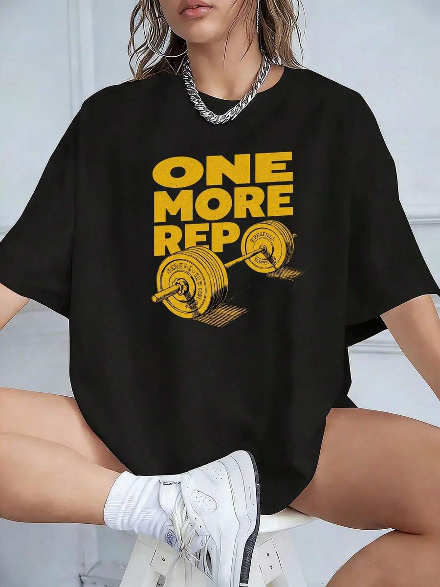 Here's Another Set: An Oversized Black T-Shirt With A Striking Yellow Print, A Weightlifting T-Shirt With An Exclusive Design For Fitness Enthusiasts, Suitable For Casual Wear, Ideal For Gym Workouts And Daily Outings. - 黑色 - 查看 1
