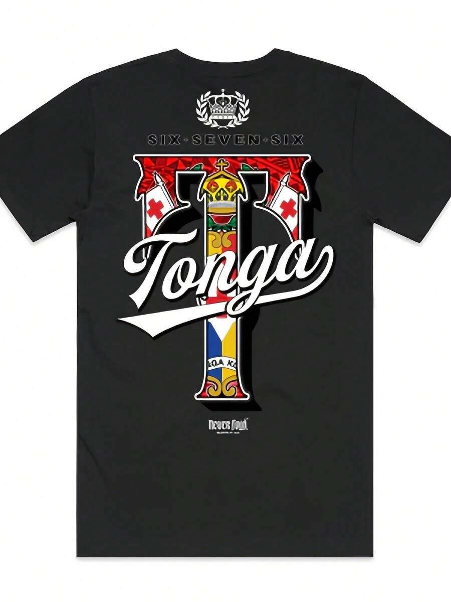 Men's Vintage Unisex Loose-Fit T-Shirt With A Casual Tonga 676 Print, Featuring Tongan Text And The Number 676 Design - Loose Fit, Crew Neck, Short Sleeves, Cultural Design, Semi-Formal Casual Wear, Lightweight T-Shirt For Everyday Street Wear During The Summer, Suitable For Travel, Home And Parties, A Perfect Gift For Women And Men. - 黑色 - 查看 1