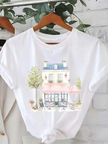 Women's French Corner Coffee Shop Print T-Shirt - Romantic Blue And Pink Building Design, Casual Crew Neck T-Shirt For Spring/Summer, Lightweight Polyester Fabric, Perfect For Casual Outfits. Women's Casual Printed T-Shirt, Short Sleeve, Crew Neck, Local Urban Fashion For Spring/Summer. - 白色 - 查看 7