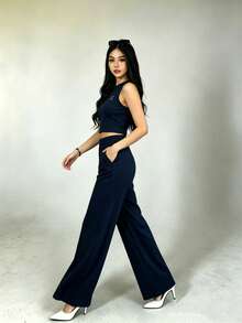 2-Piece Set Of Tank Top And Solid-Color Pants For Casual Holiday Wear - Navy Blue - View 3