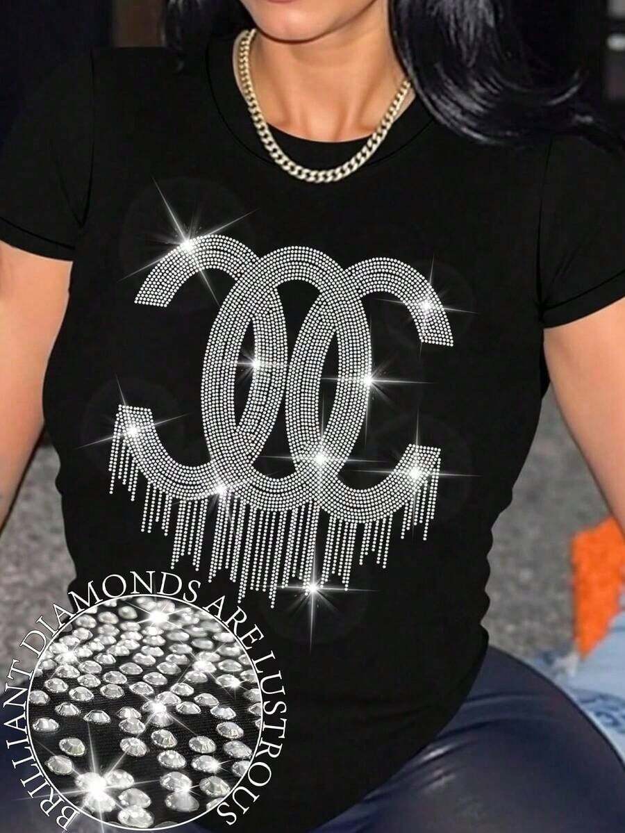 Camiseta de Manga Corta con Eslabones de Diamantes de Imitación para Mujer, Camisetas con Diamantes Brillantes, Tops para Mujer - Negro - Ver 1