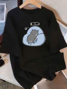 Camiseta de Verano 2025 de Algodón Puro, Holgada, de Cuello Redondo, Versátil, Cómoda, Casual, para Mujer, Juvenil, Moderna, de Manga Corta para Uso Diario - Negro - Ver 1