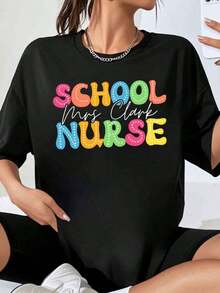Personalized T-Shirt With Name For Women, Colorful Print, Cute, Plus Size, Gift For School Staff, Work Uniform - 黑色 - 查看 7