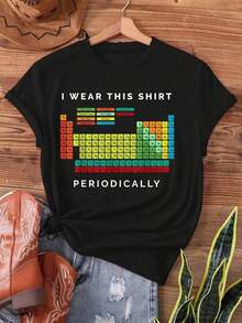 Camiseta con Estampado de la Tabla Periódica de Elementos Químicos en Colores Vibrantes, Manga Corta, Cuello Redondo, Estilo Casual para Verano y Primavera, Ropa de Mujer--Camiseta Corta de Algodón Estilo Urbano Casual - Negro - Ver 1