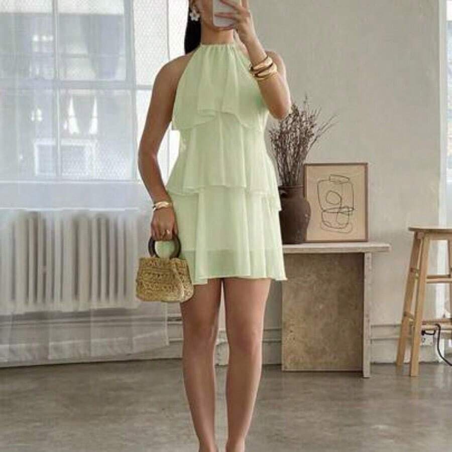 Vestido mini de gasa con hojas de loto en cascada de color rojo sólido, adecuado para citas diarias, salidas nocturnas, discotecas, fiestas, reuniones, fiestas de cóctel, fiestas en la piscina, ropa de vuelta al colegio, vestidos de temporada escolar, vestidos de vacaciones, faldas de tutú, ropa bohemia para mujer y fiestas - verde menta - Ver 1