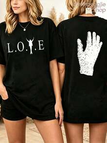 Camiseta Oversize Estampada "The King Of Pop" de Jackson para Mujer, Ropa para Conciertos, Camisetas Estampadas para Mujer, Ropa para Vacaciones en la Playa, Ropa de Verano para Mujer, Ropa para Conciertos Country, Ropa para Brunch para Mujer - Negro 2 - Ver 6