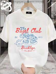 ALL IS ONE Algodón Puro Playera Holgada Y Adelgazante Para Mujer Con Estampado Divertido "The Bagel Club", Estilo Juvenil - Blanco - Ver 6