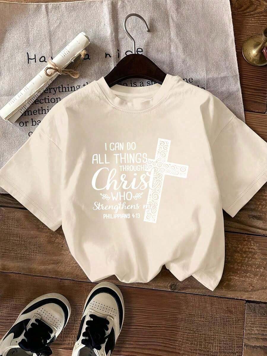 Women's Casual Spring/Summer T-Shirt Featuring The Mexican National Soccer Team, With A Crew Neck And Short Sleeves, And A Design Combining A White Cross And Bible Verses. Made From Breathable, Machine-Washable Fabric, It's Comfortable For All Seasons. The T-Shirt Has A Relaxed Fit And Is Available In Plus Sizes, Making It A Perfect Summer Staple. - 杏色 - 查看 1