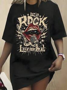 Unique Let's Rock Y2K Style T-Shirt With A Vibrant Lips And Microphone Design, Perfect For Alternative Music And Fashion Lovers. Make A Style Statement On Any Occasion! Comfortable And Versatile For School, Work, Going Out, And Casual Events. - 黑色 - 查看 1