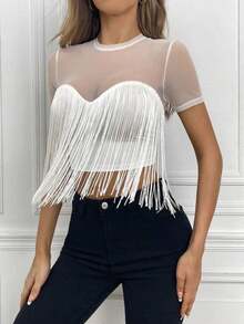 Privé Top ribete con fleco de malla - Blanco - Ver 3