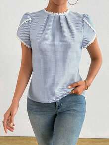 Camisa de mujer elegante y casual con mangas abombadas y volantes de unicolor - Azul - Ver 4